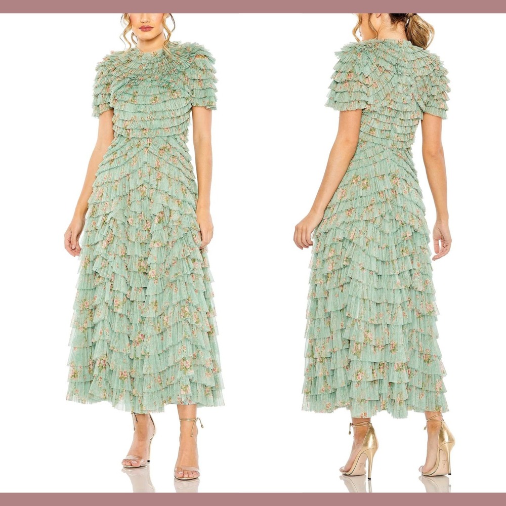 NWT Mac Duggal [ 14 ] 8014 Ruffle Tiered Short‎ Sleeve A Line Dress Sage J1819 - Picture 2 of 15